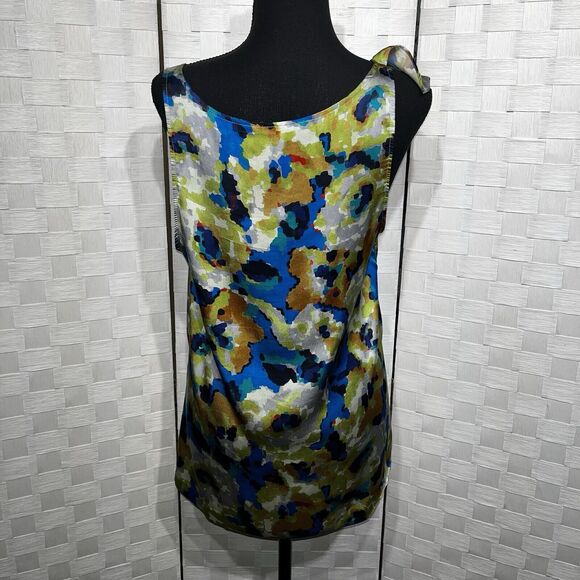 Theory Womens Silk Sleeveless Blouse Size Large Abstract Watercolor Ruffle Tank - Picture 4 of 12